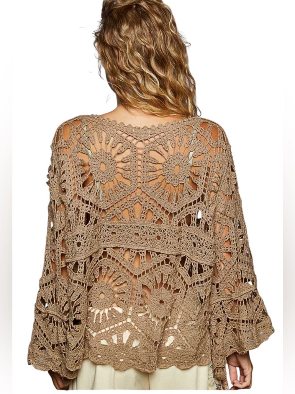 POL Tan Crochet Knit Round Neck 3/4 Bell Sleeve Top - Picture 3 of 7